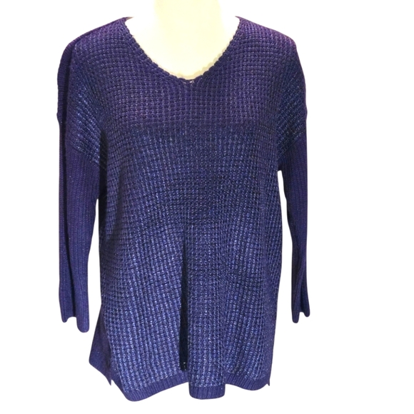 Chico's size 1 (S/8) Midnight Blue Pullover Sweater Top V-neck Metallic Knit - Picture 1 of 14